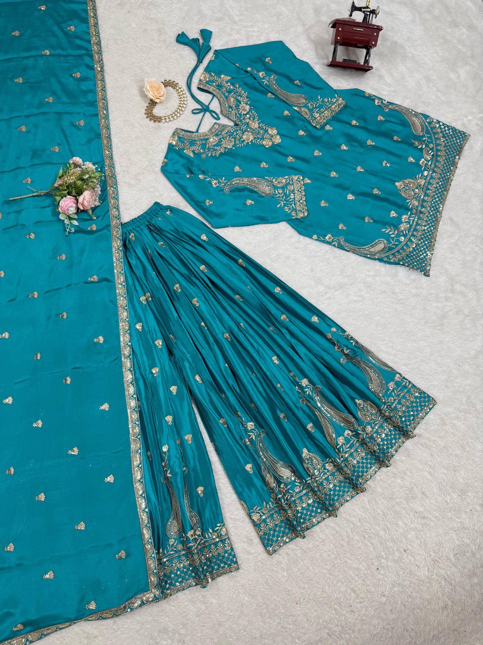 Stunning Aqua Green Color Chinon Silk And Thread With Sequence Work Palazzo Suit