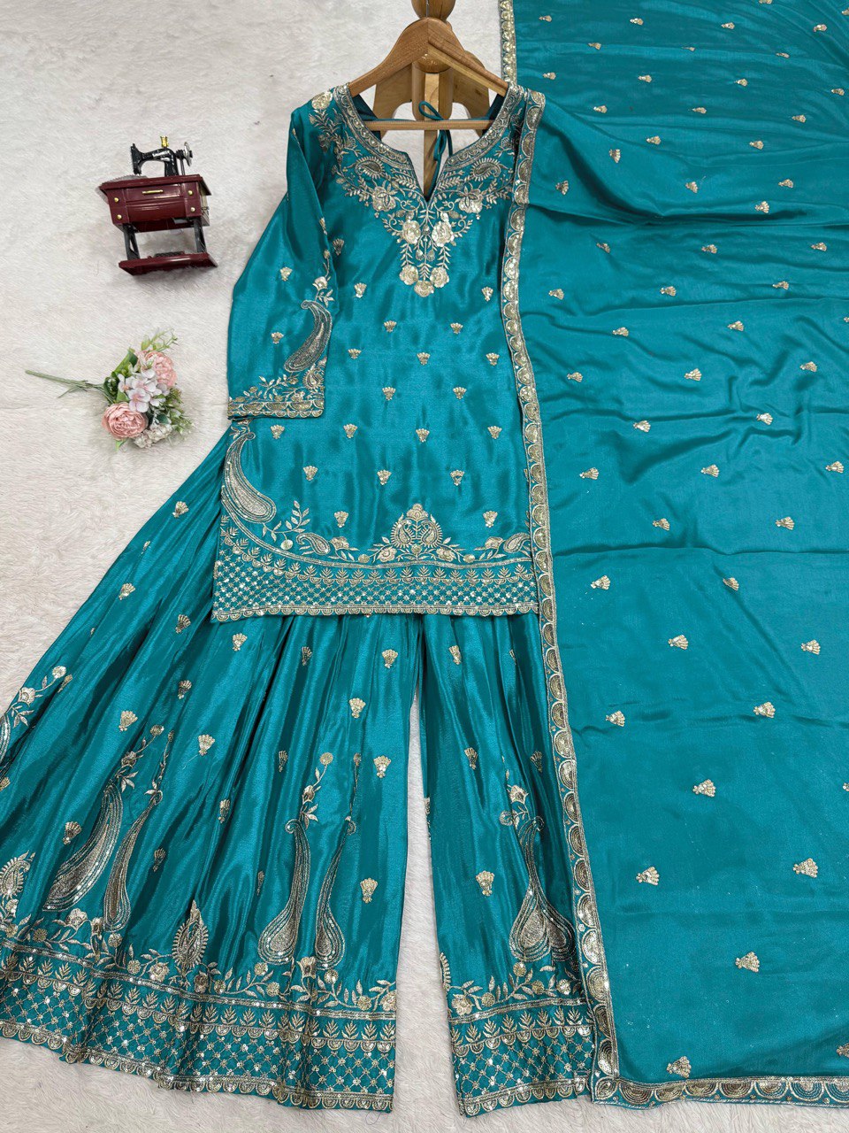 Stunning Aqua Green Color Chinon Silk And Thread With Sequence Work Palazzo Suit