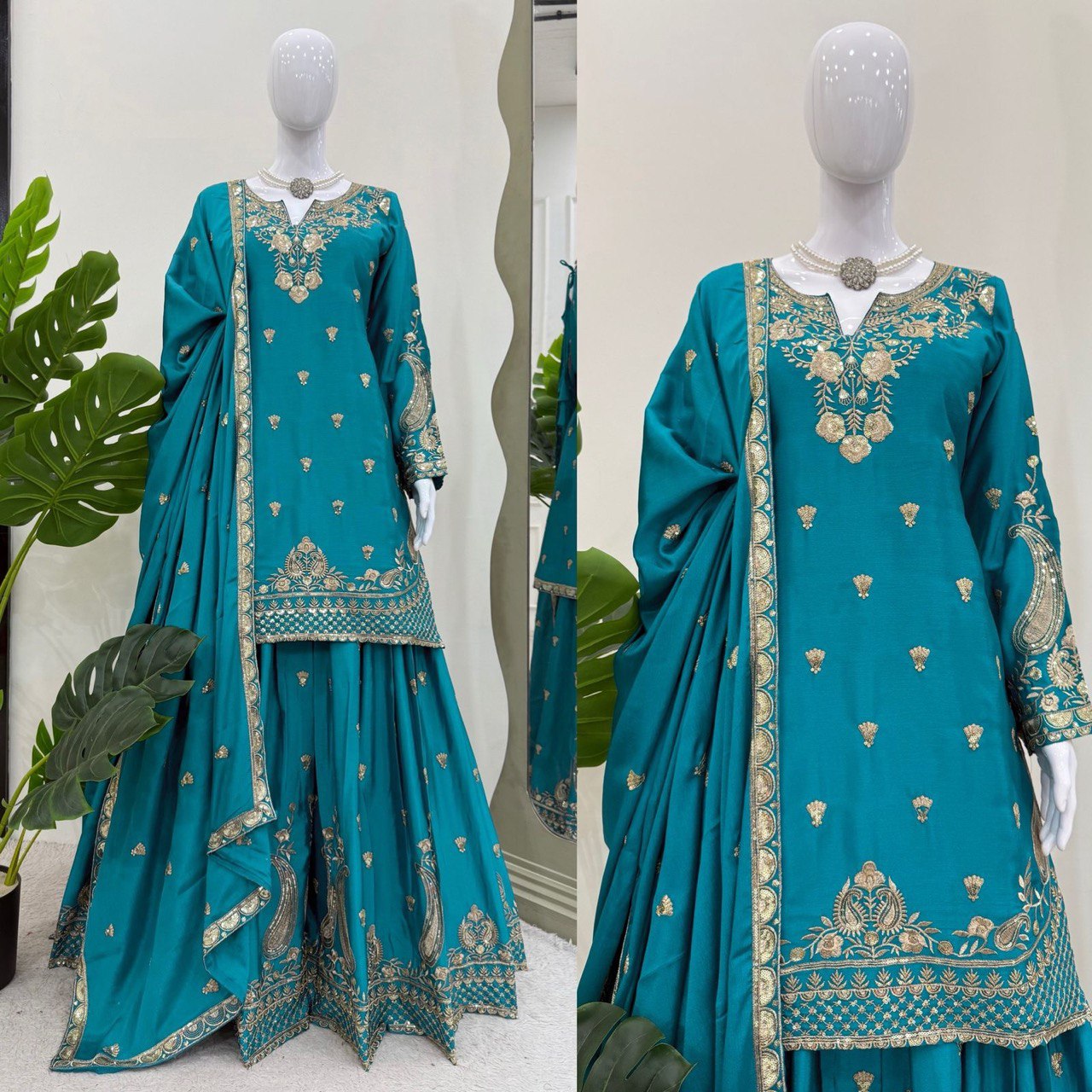 Stunning Aqua Green Color Chinon Silk And Thread With Sequence Work Palazzo Suit