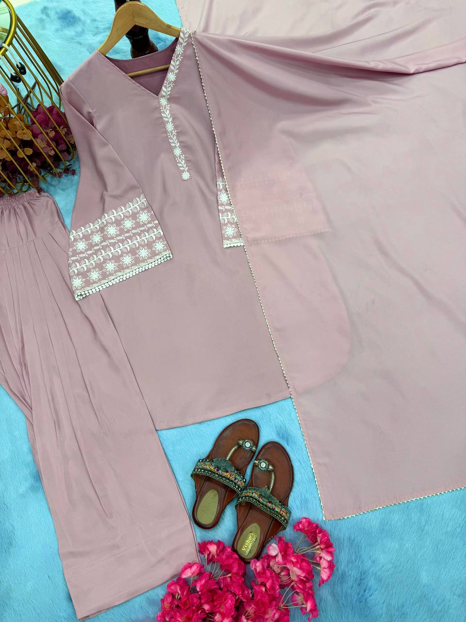 Ceremony Wear Dusty Peach Color Natural Satin With Embroidery Work Beautiful Palazzo Suit