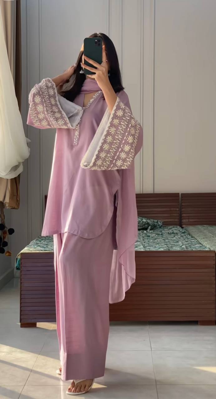 Ceremony Wear Dusty Peach Color Natural Satin With Embroidery Work Beautiful Palazzo Suit