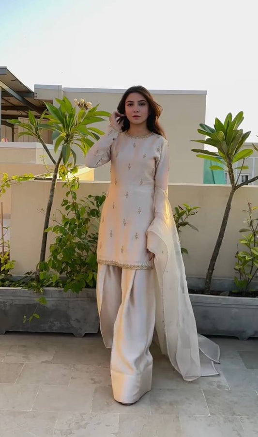 Peaceful Cream Color Natural Satin With Embroidery Work Designer Palazzo Suit