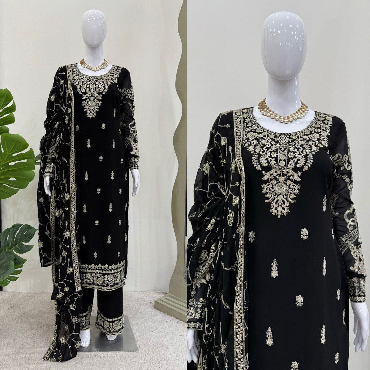 Ceremony Wear Black Color Faux Georgette And Thread With Sequence Work Salwar Suit