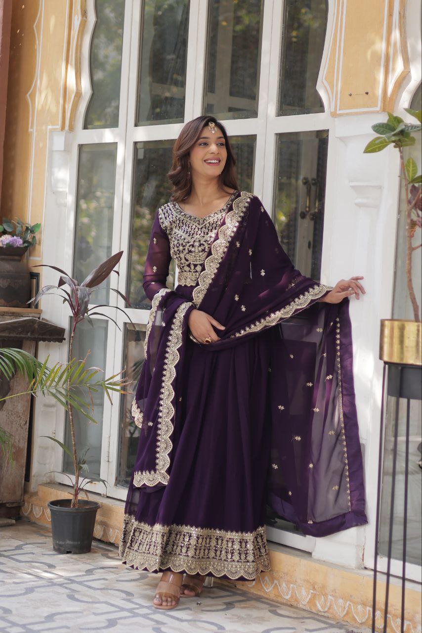 Party Wear Purple Color Faux Blooming With Embroidery Zari Sequins Work Designer Gown