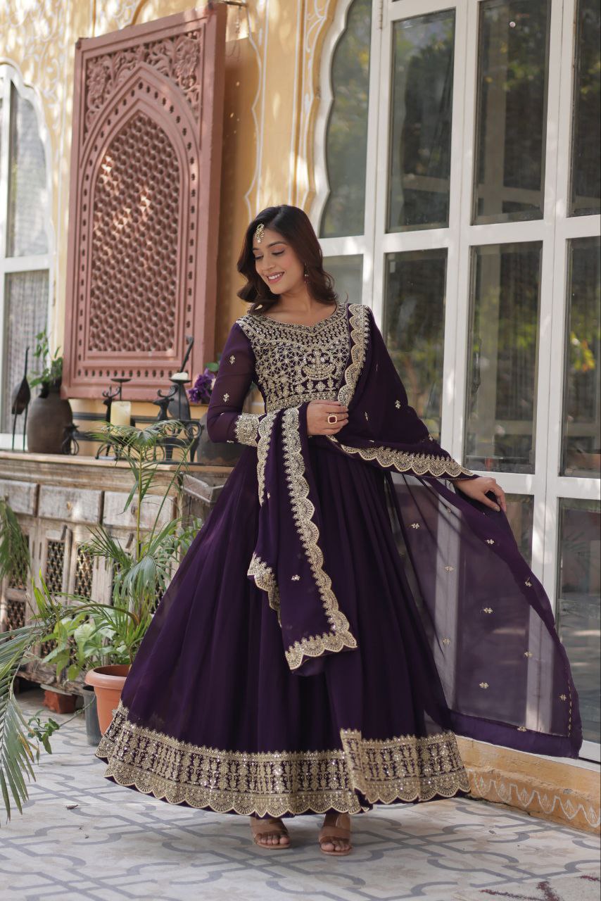 Party Wear Purple Color Faux Blooming With Embroidery Zari Sequins Work Designer Gown