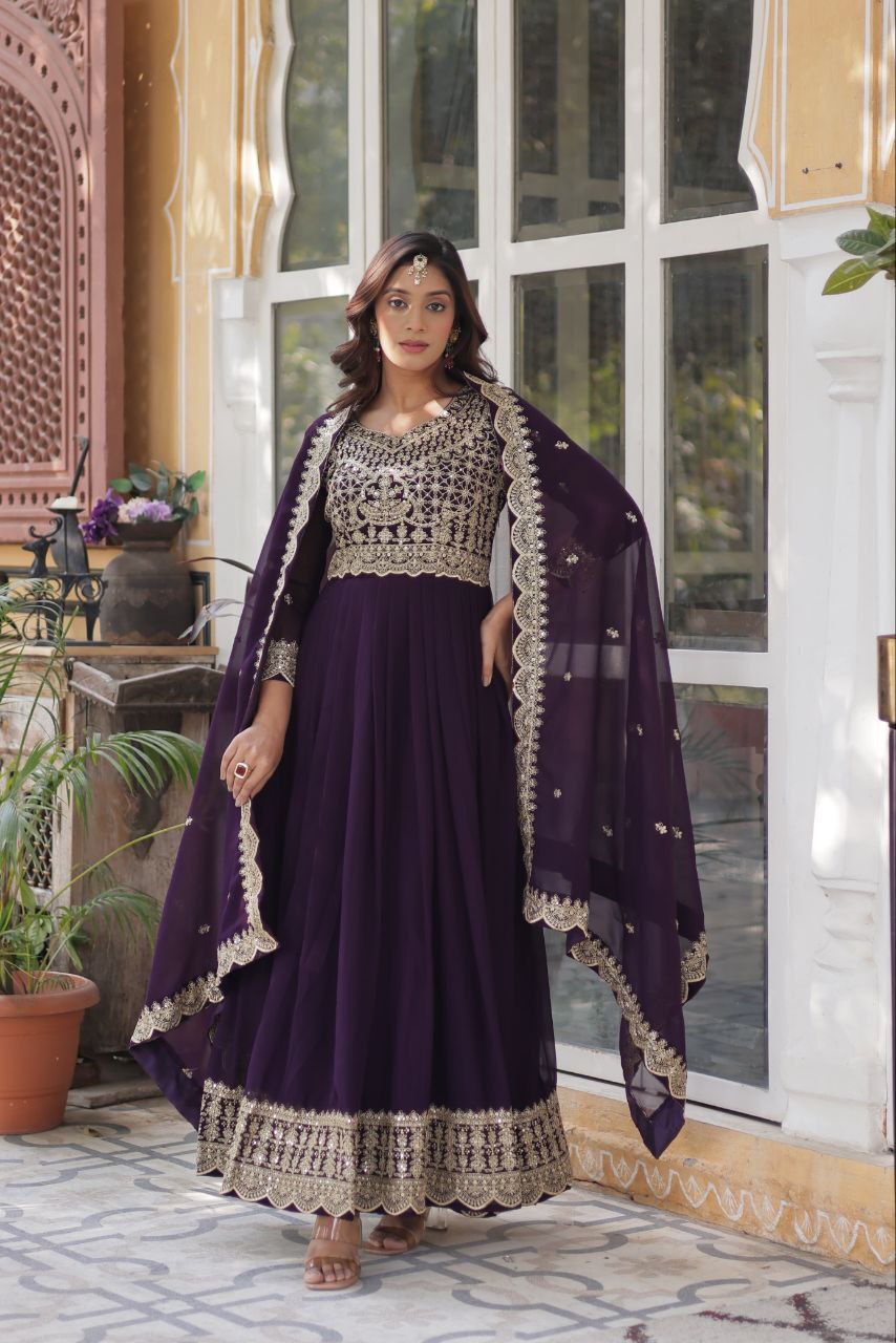 Party Wear Purple Color Faux Blooming With Embroidery Zari Sequins Work Designer Gown