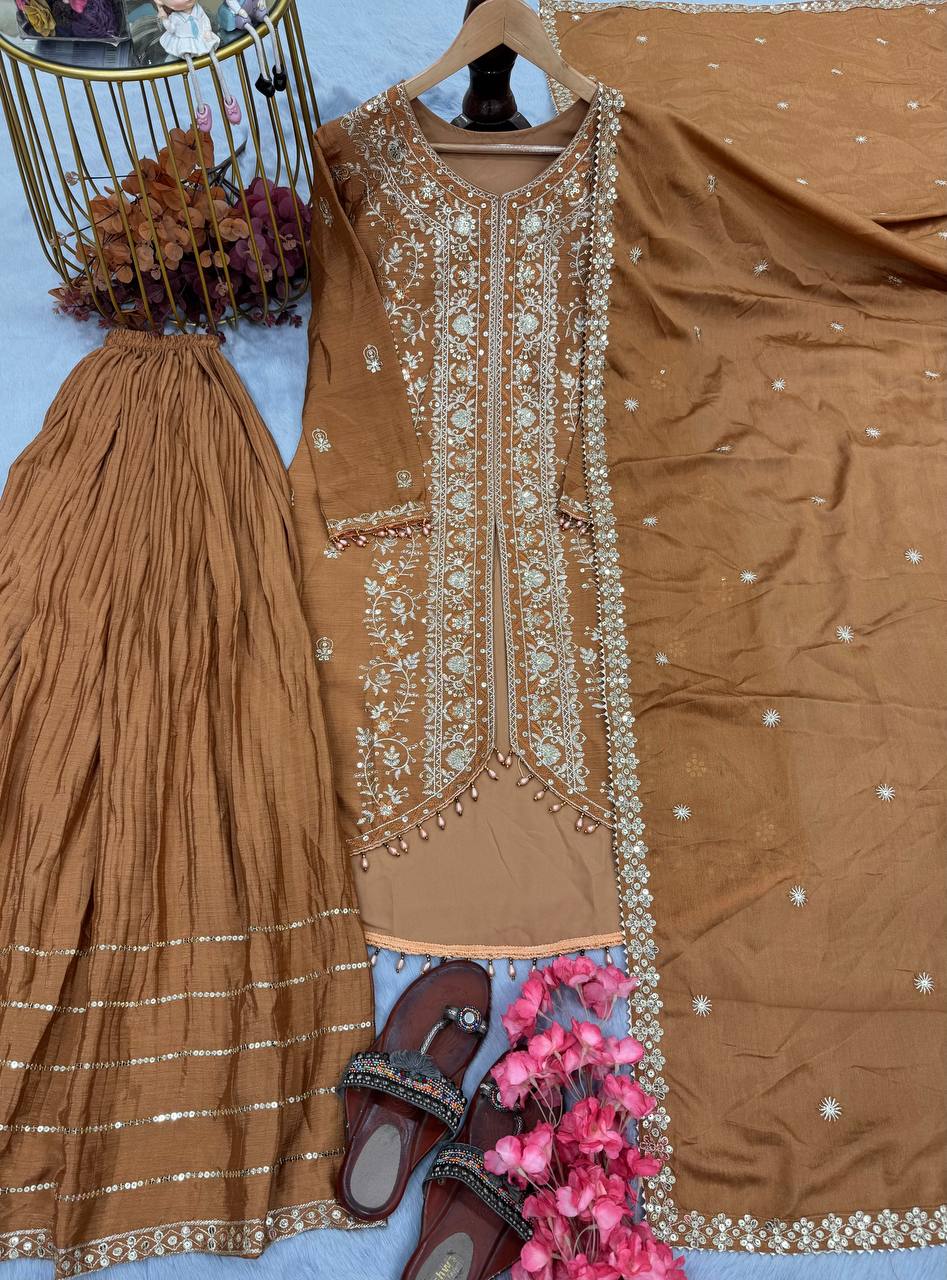 Ravishing Mustard Color Heavy Pure Chinon Silk With Heavy Embroidery Designer Palazzo Suit