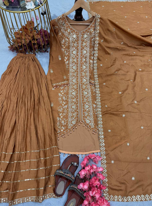 Ravishing Mustard Color Heavy Pure Chinon Silk With Heavy Embroidery Designer Palazzo Suit