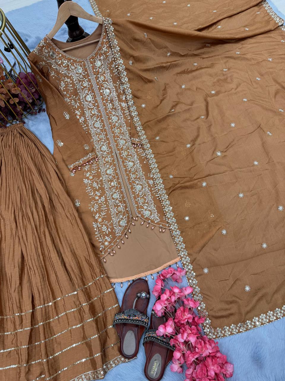 Ravishing Mustard Color Heavy Pure Chinon Silk With Heavy Embroidery Designer Palazzo Suit