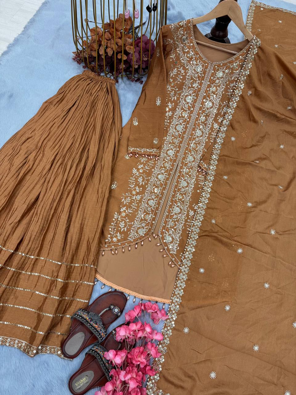 Ravishing Mustard Color Heavy Pure Chinon Silk With Heavy Embroidery Designer Palazzo Suit
