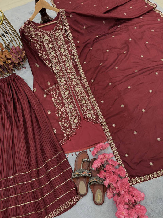 Ravishing Maroon Color Heavy Pure Chinon Silk With Heavy Embroidery Designer Palazzo Suit