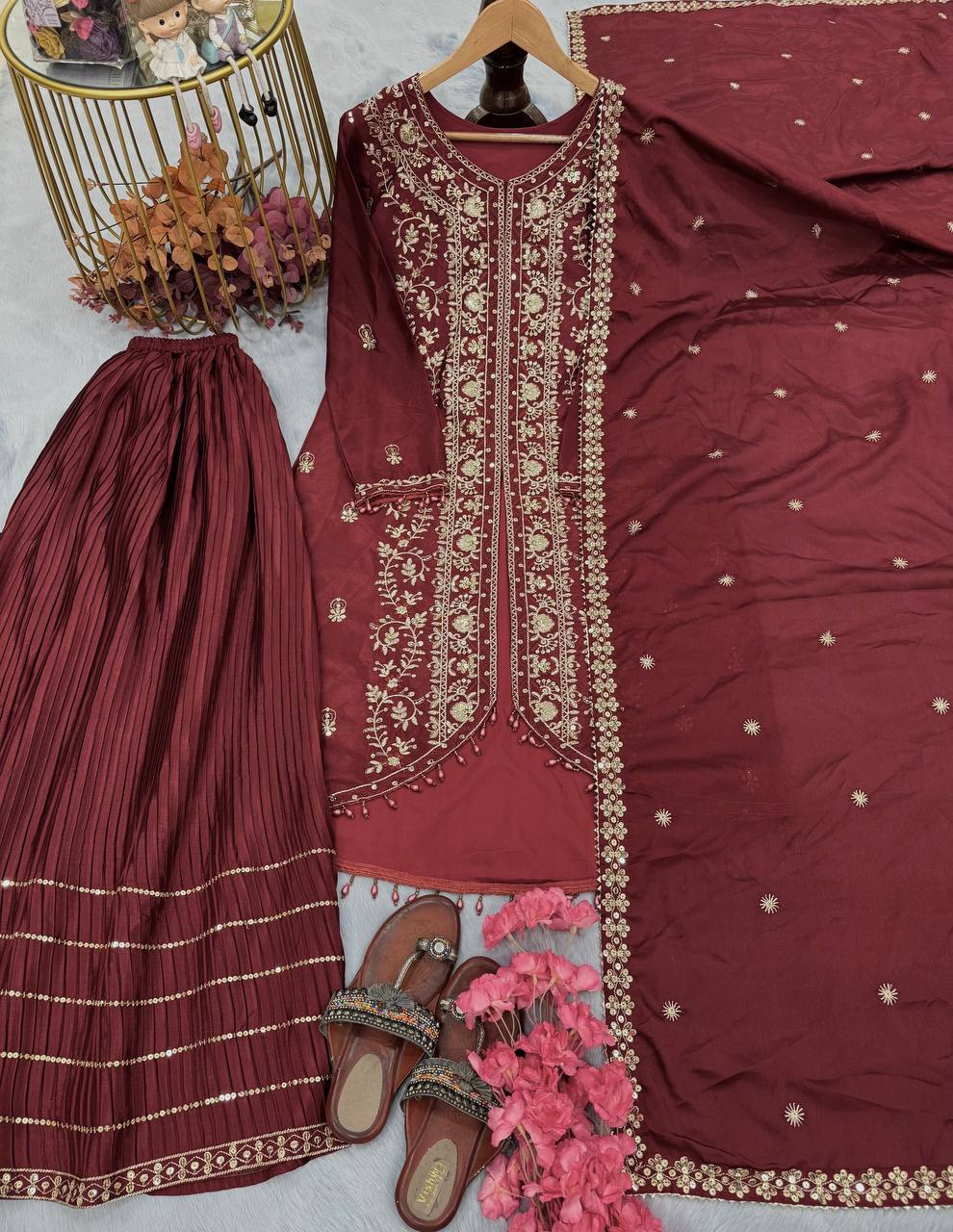 Ravishing Maroon Color Heavy Pure Chinon Silk With Heavy Embroidery Designer Palazzo Suit