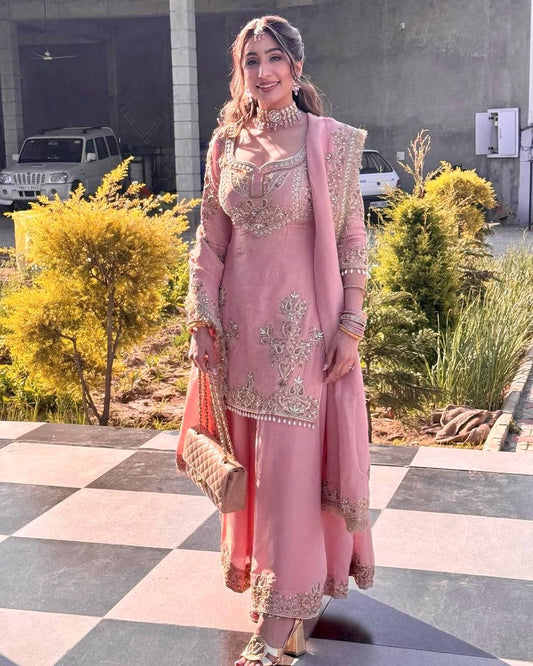 Beautiful Light Pink Pure Chinon With Embroidery Sequence Work Palazzo Suit