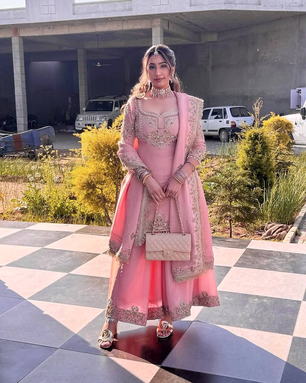Beautiful Light Pink Pure Chinon With Embroidery Sequence Work Palazzo Suit