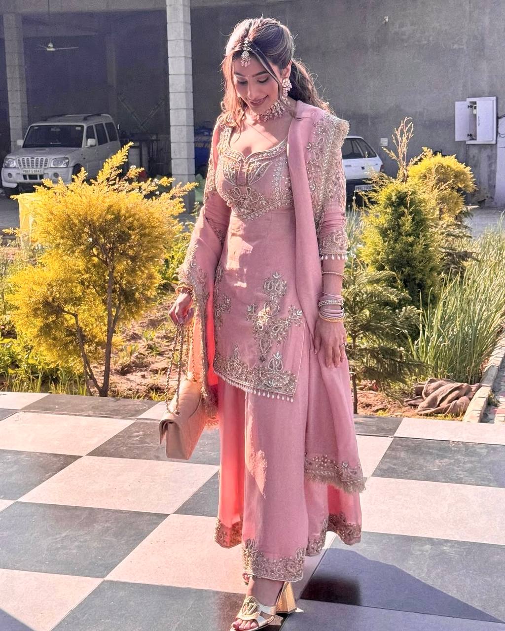 Beautiful Light Pink Pure Chinon With Embroidery Sequence Work Palazzo Suit