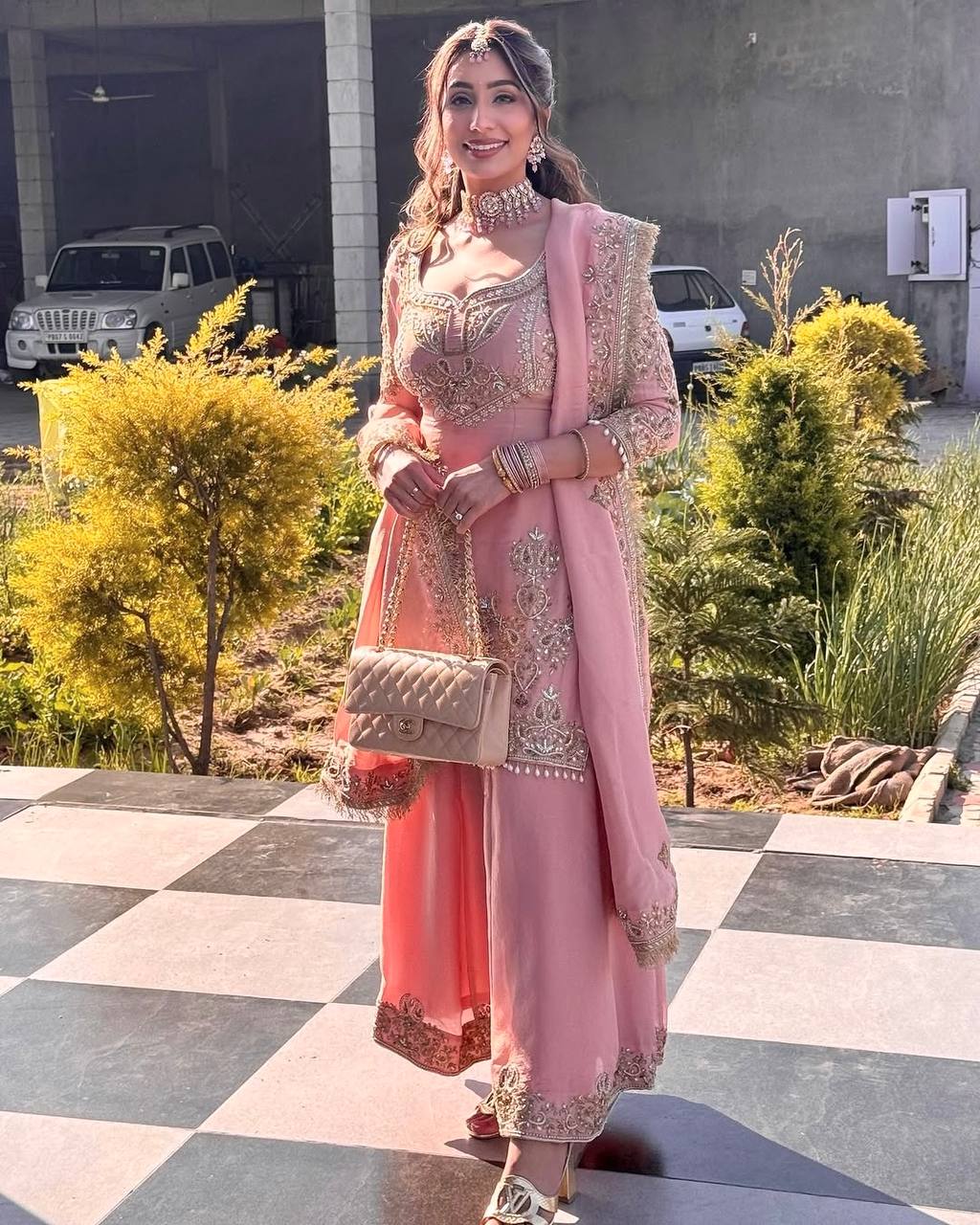 Beautiful Light Pink Pure Chinon With Embroidery Sequence Work Palazzo Suit
