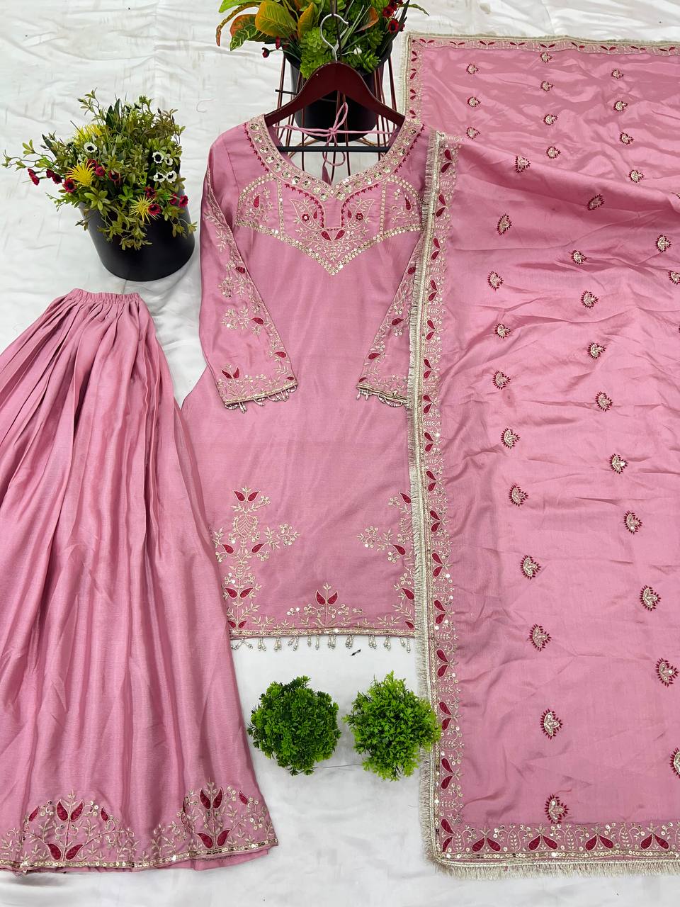 Beautiful Light Pink Pure Chinon With Embroidery Sequence Work Palazzo Suit