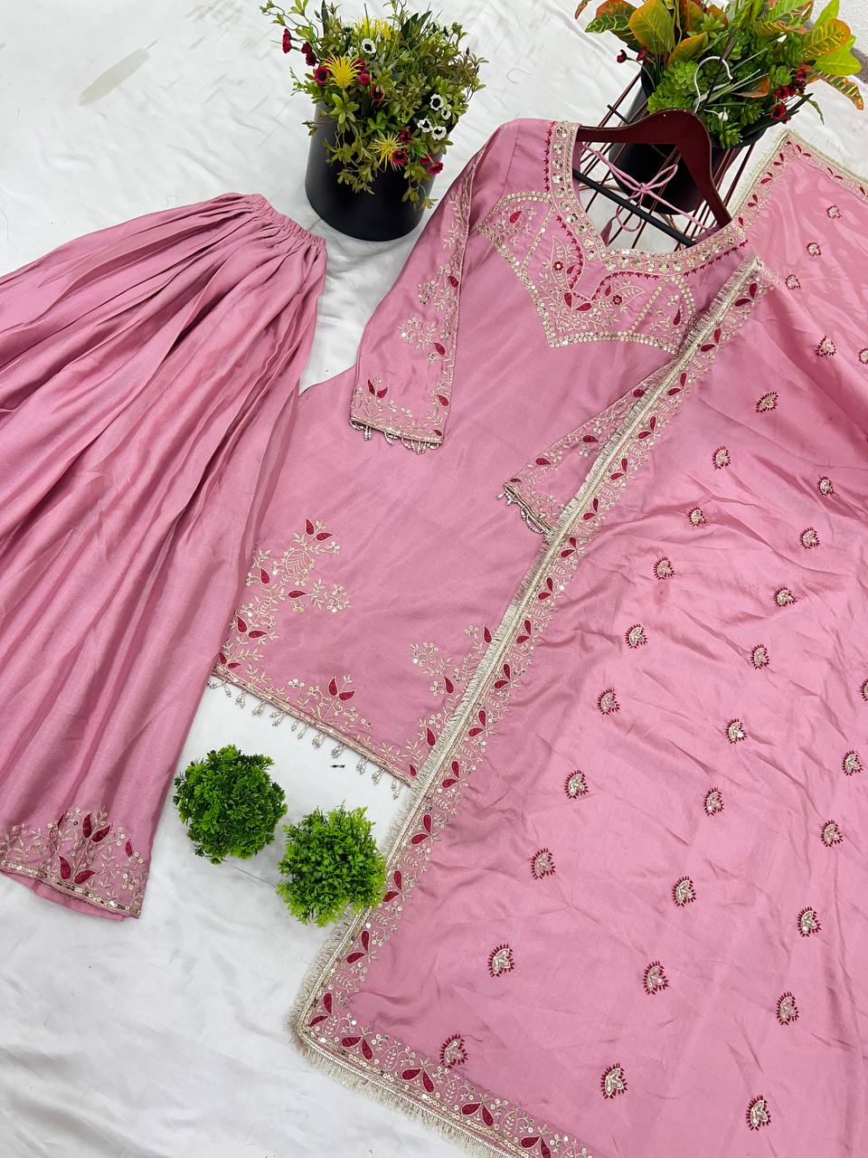 Beautiful Light Pink Pure Chinon With Embroidery Sequence Work Palazzo Suit