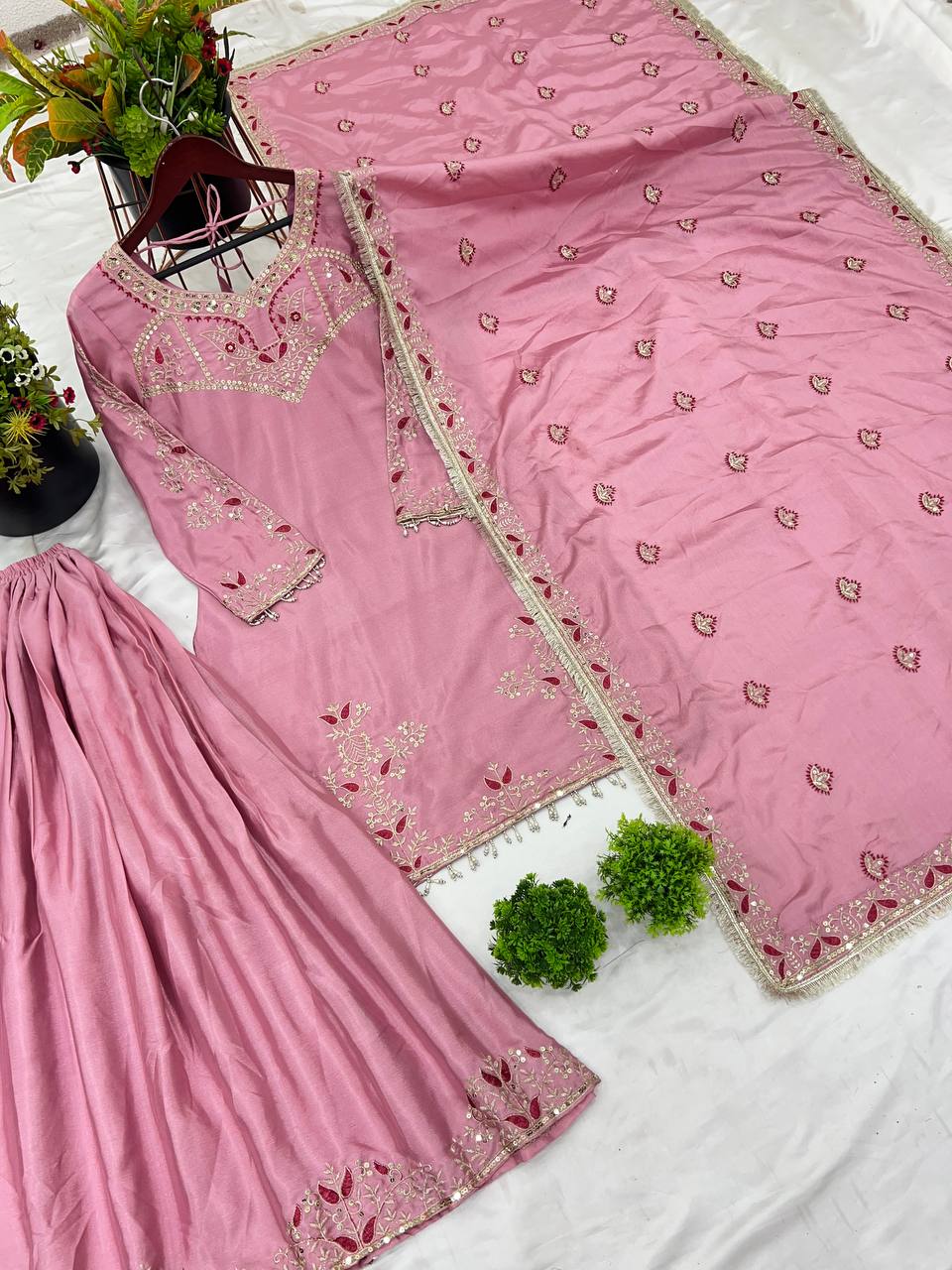 Beautiful Light Pink Pure Chinon With Embroidery Sequence Work Palazzo Suit