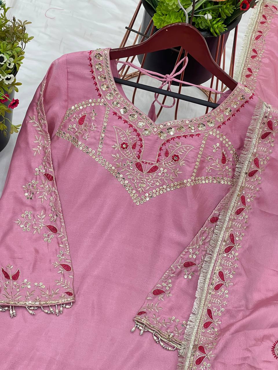 Beautiful Light Pink Pure Chinon With Embroidery Sequence Work Palazzo Suit