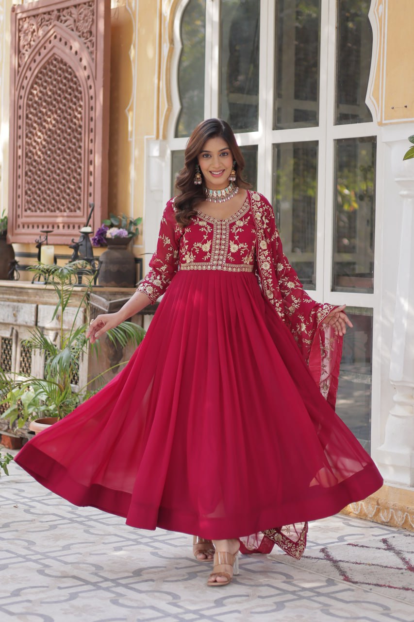 Engagement Wear Pink Faux Blooming With Sequins Multi And Zari Embroidered Work Gown