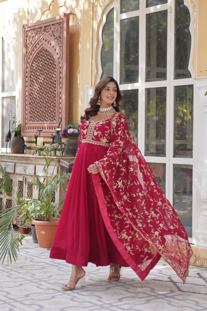 Engagement Wear Pink Faux Blooming With Sequins Multi And Zari Embroidered Work Gown