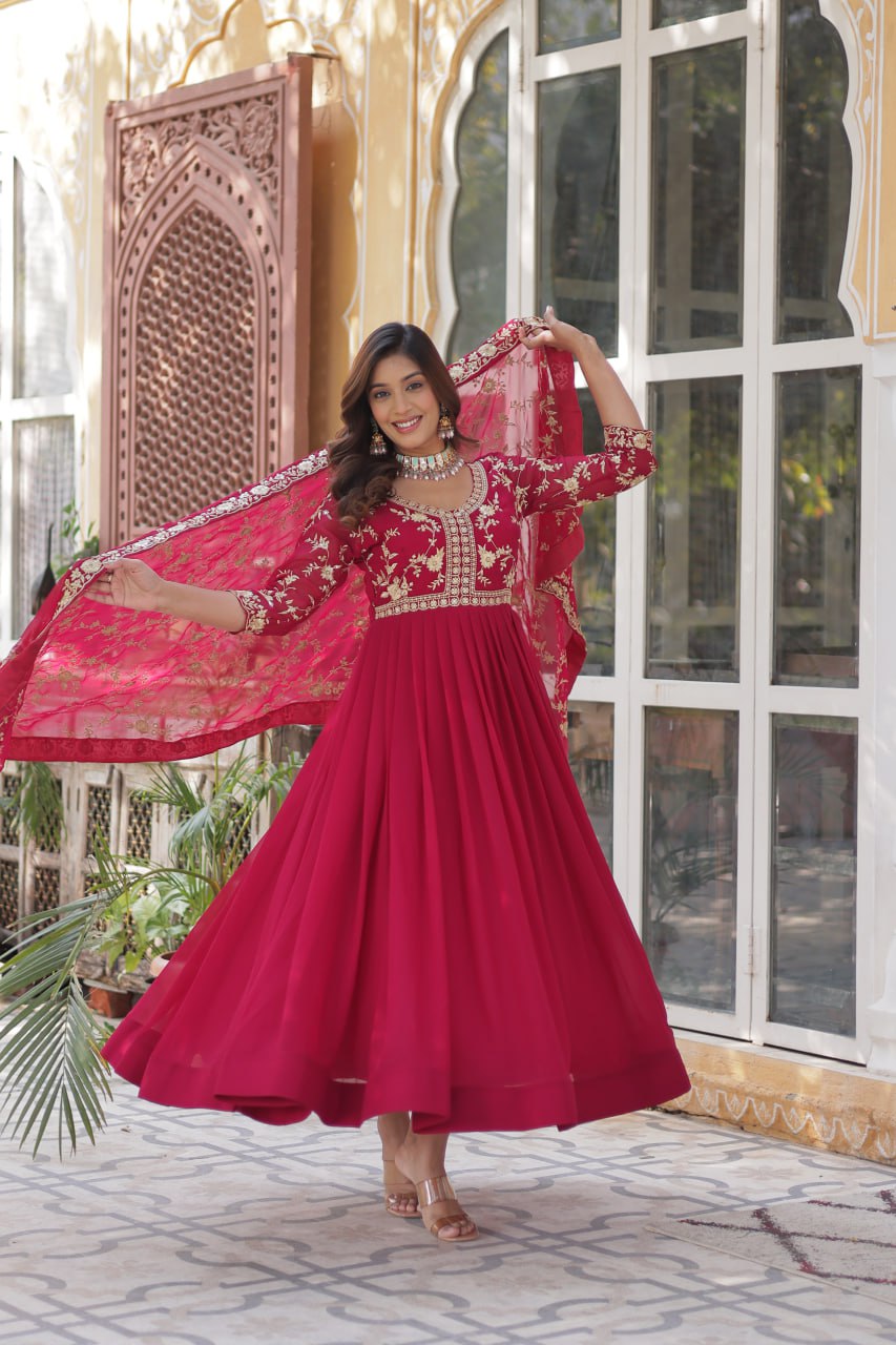 Engagement Wear Pink Faux Blooming With Sequins Multi And Zari Embroidered Work Gown