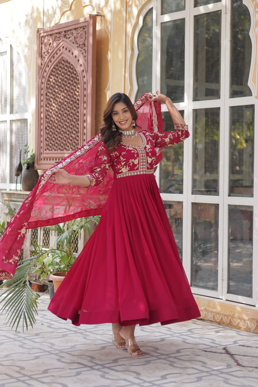 Engagement Wear Pink Faux Blooming With Sequins Multi And Zari Embroidered Work Gown
