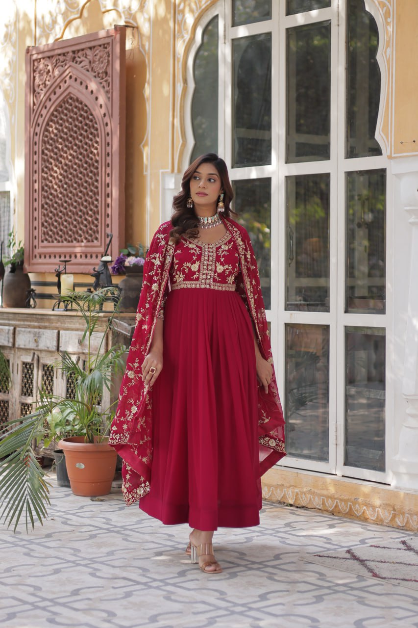 Engagement Wear Pink Faux Blooming With Sequins Multi And Zari Embroidered Work Gown