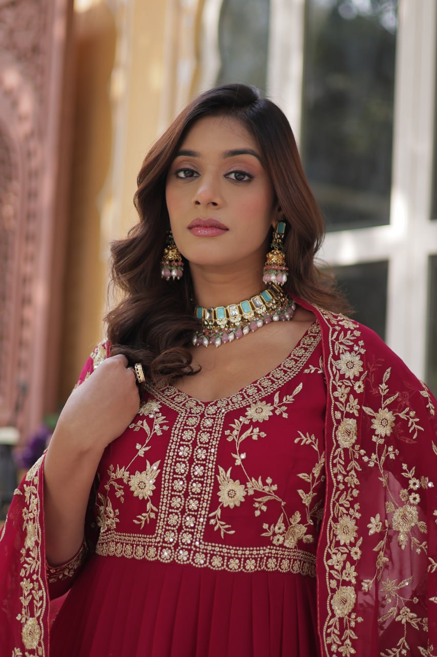 Engagement Wear Pink Faux Blooming With Sequins Multi And Zari Embroidered Work Gown