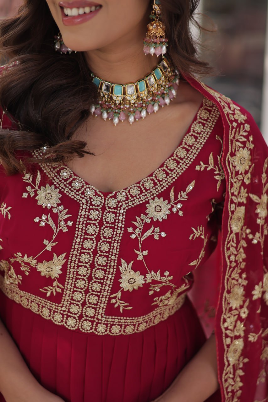 Engagement Wear Pink Faux Blooming With Sequins Multi And Zari Embroidered Work Gown