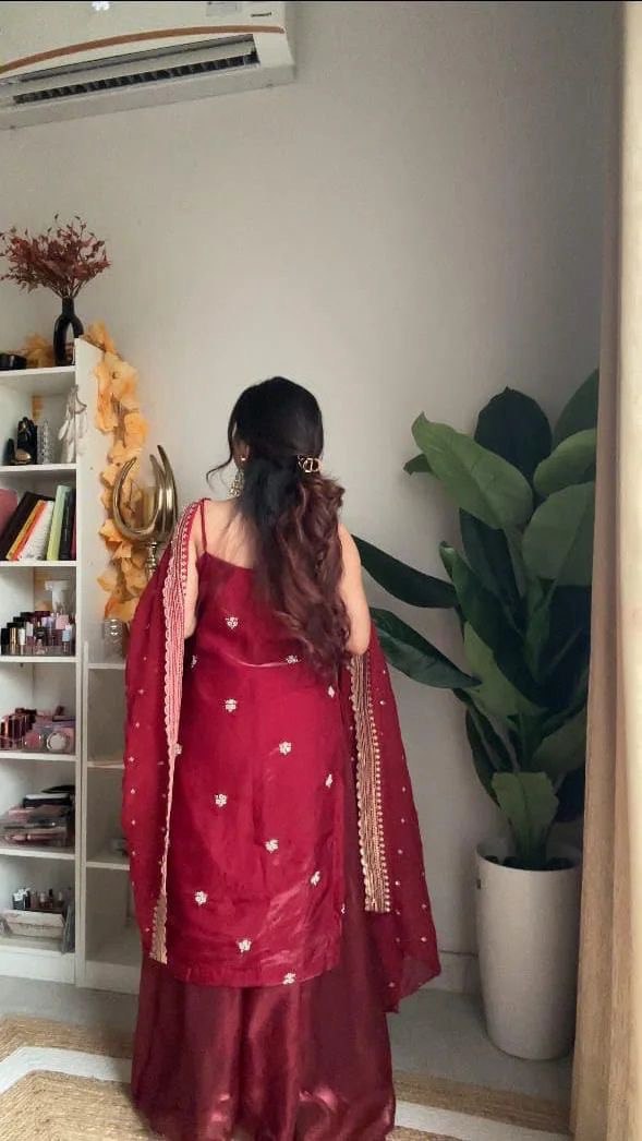 Wedding Wear Dark Red Color Jimmy Choo And Thread With Sequence Work Palazzo Suit