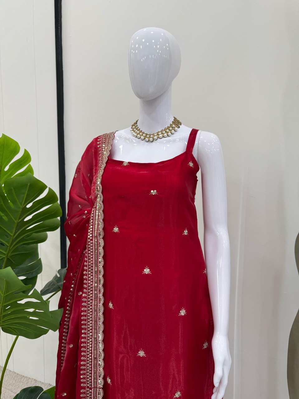 Wedding Wear Dark Red Color Jimmy Choo And Thread With Sequence Work Palazzo Suit