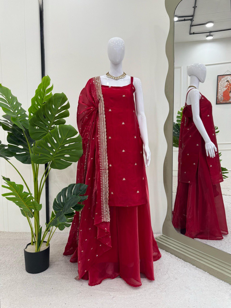 Wedding Wear Dark Red Color Jimmy Choo And Thread With Sequence Work Palazzo Suit