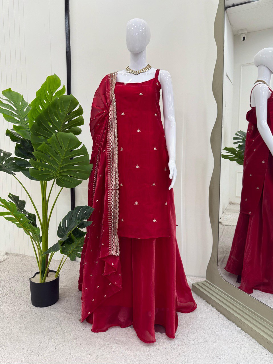 Wedding Wear Dark Red Color Jimmy Choo And Thread With Sequence Work Palazzo Suit