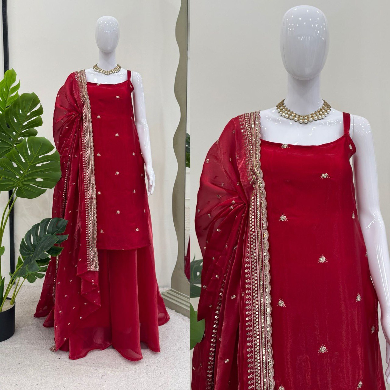 Wedding Wear Dark Red Color Jimmy Choo And Thread With Sequence Work Palazzo Suit