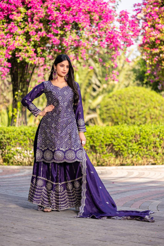 Party Wear Royal Blue Color Chinon Embroidery Thread And Sequence Work Palazzo Suit