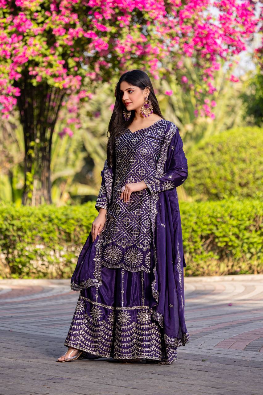 Party Wear Royal Blue Color Chinon Embroidery Thread And Sequence Work Palazzo Suit