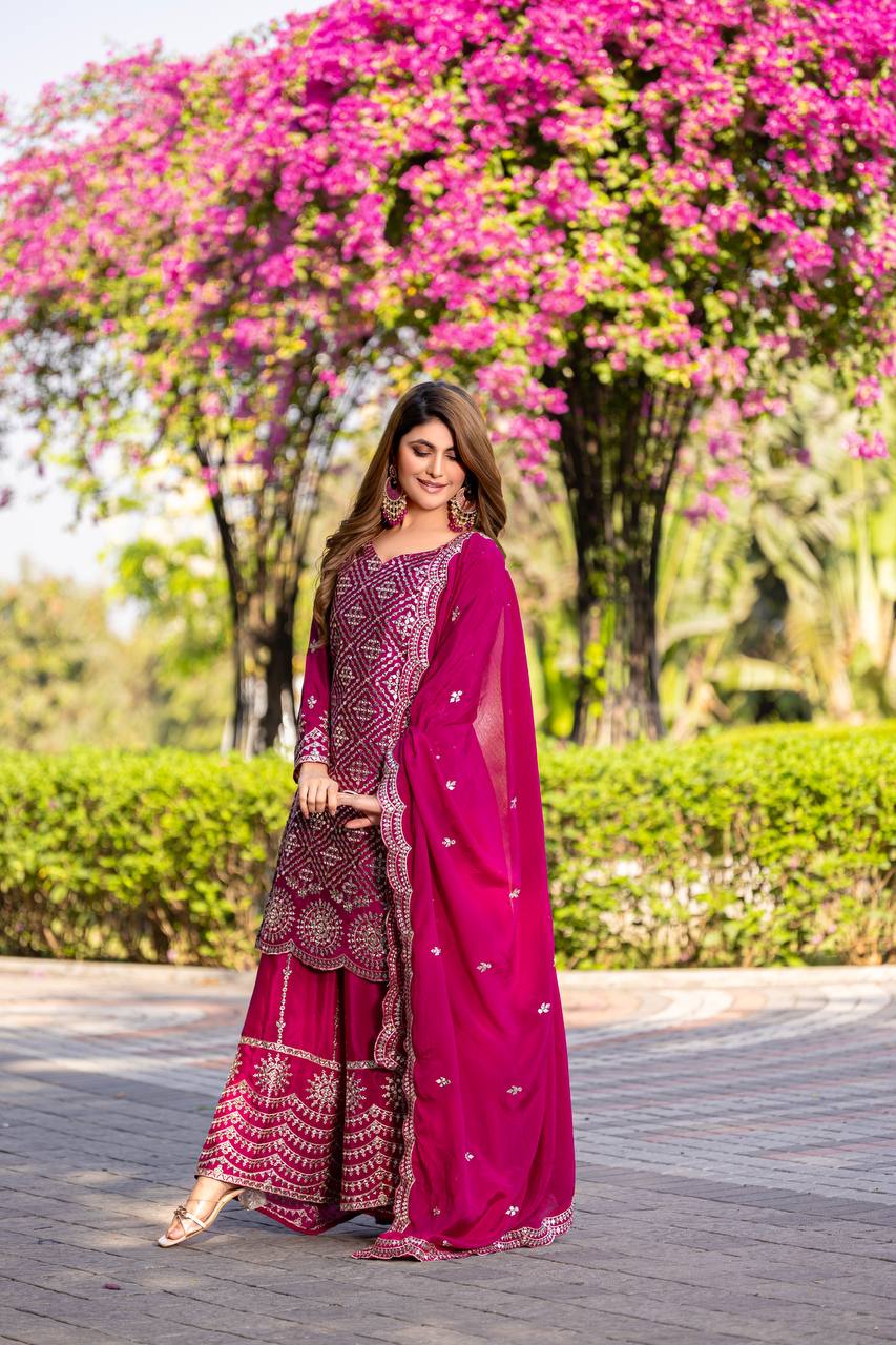 Party Wear Pink Color Chinon Embroidery Thread And Sequence Work Palazzo Suit