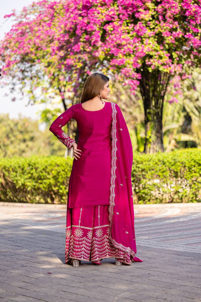 Party Wear Pink Color Chinon Embroidery Thread And Sequence Work Palazzo Suit