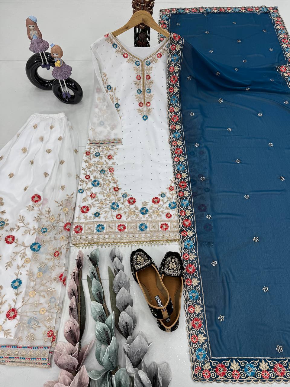 Wedding Wear Teal Blue Color Heavy Faux Georgette Embroidery Sequences With Stone Hand Work Palazzo Suit