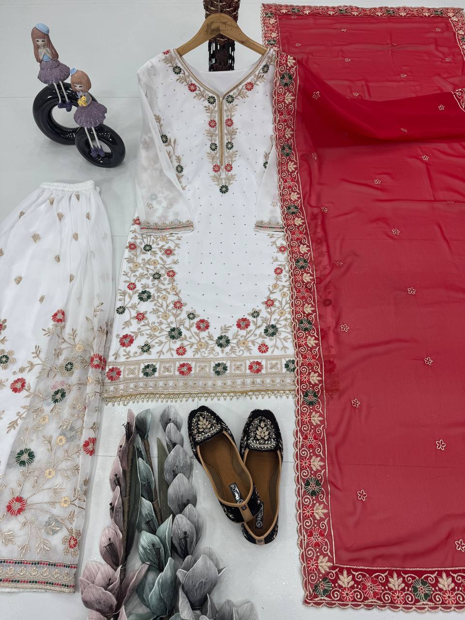 Wedding Wear Red Color Heavy Faux Georgette Embroidery Sequences With Stone Hand Work Palazzo Suit