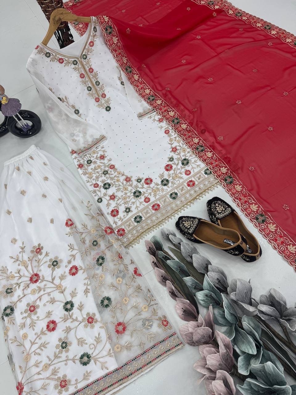 Wedding Wear Red Color Heavy Faux Georgette Embroidery Sequences With Stone Hand Work Palazzo Suit