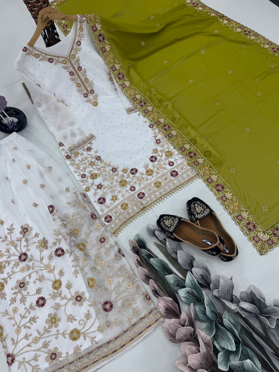 Wedding Wear Green Color Heavy Faux Georgette Embroidery Sequences With Stone Hand Work Palazzo Suit