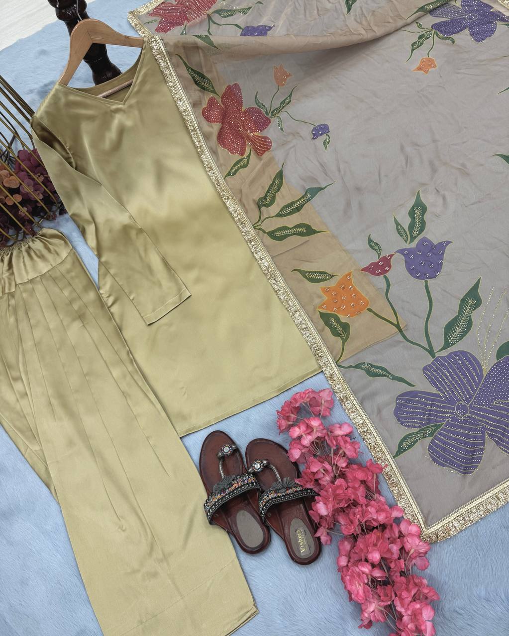 Luxuriant Cream Color Heavy Japan Satin Silk Beautiful Salwar Suit