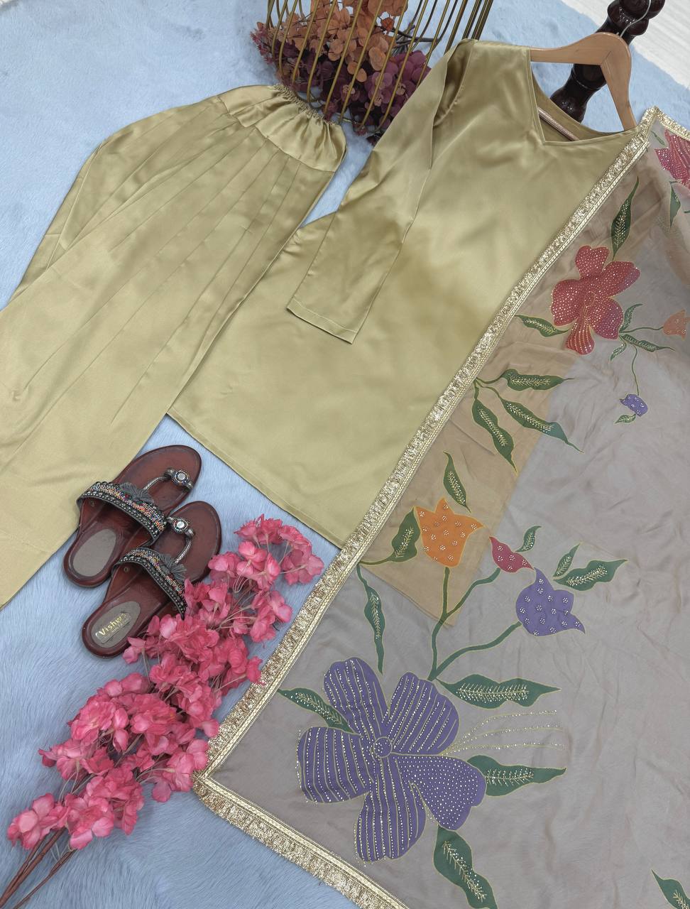 Luxuriant Cream Color Heavy Japan Satin Silk Beautiful Salwar Suit