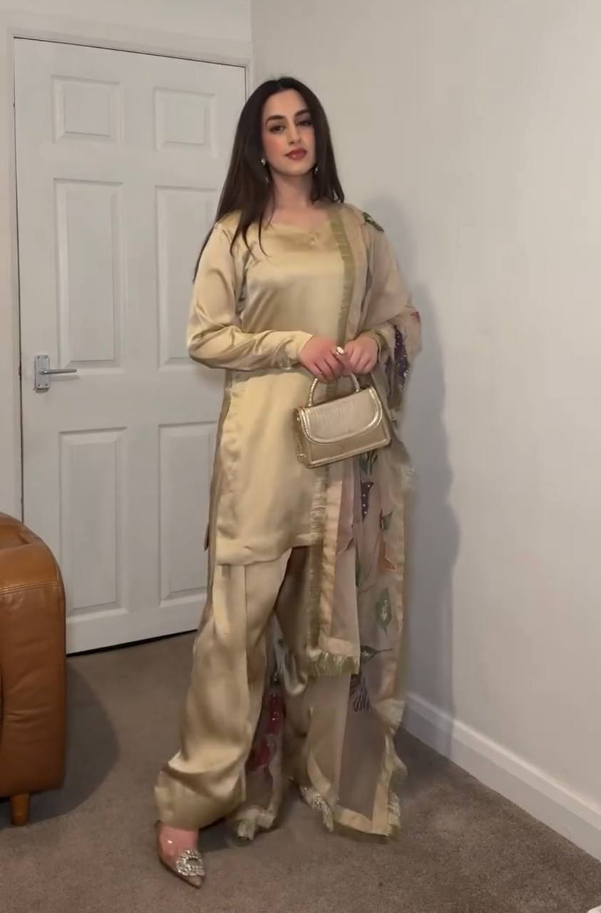 Luxuriant Cream Color Heavy Japan Satin Silk Beautiful Salwar Suit