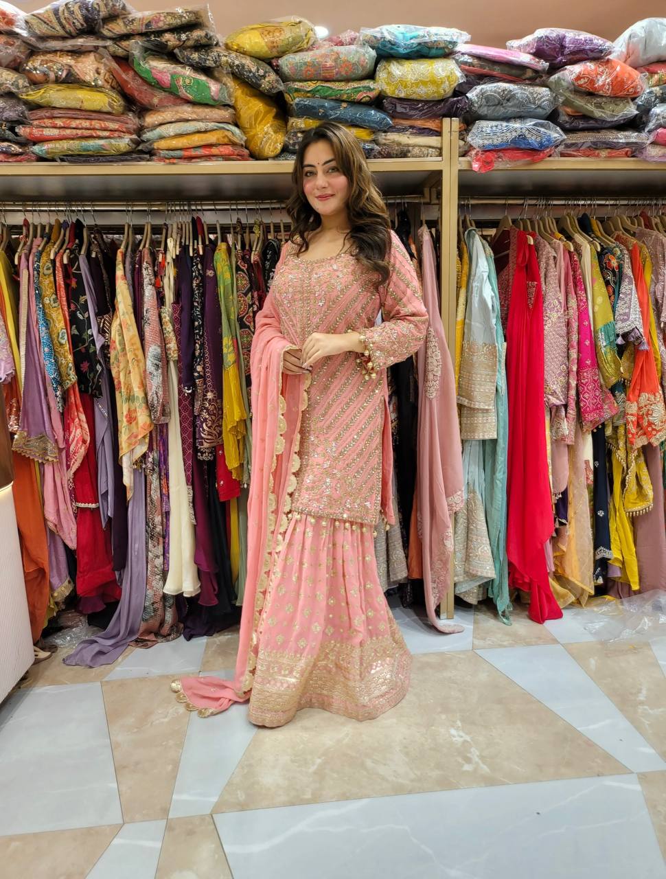 Gorgeous Peach Color Faux Georgette With Embroidery Sequence Work Sharara Suit