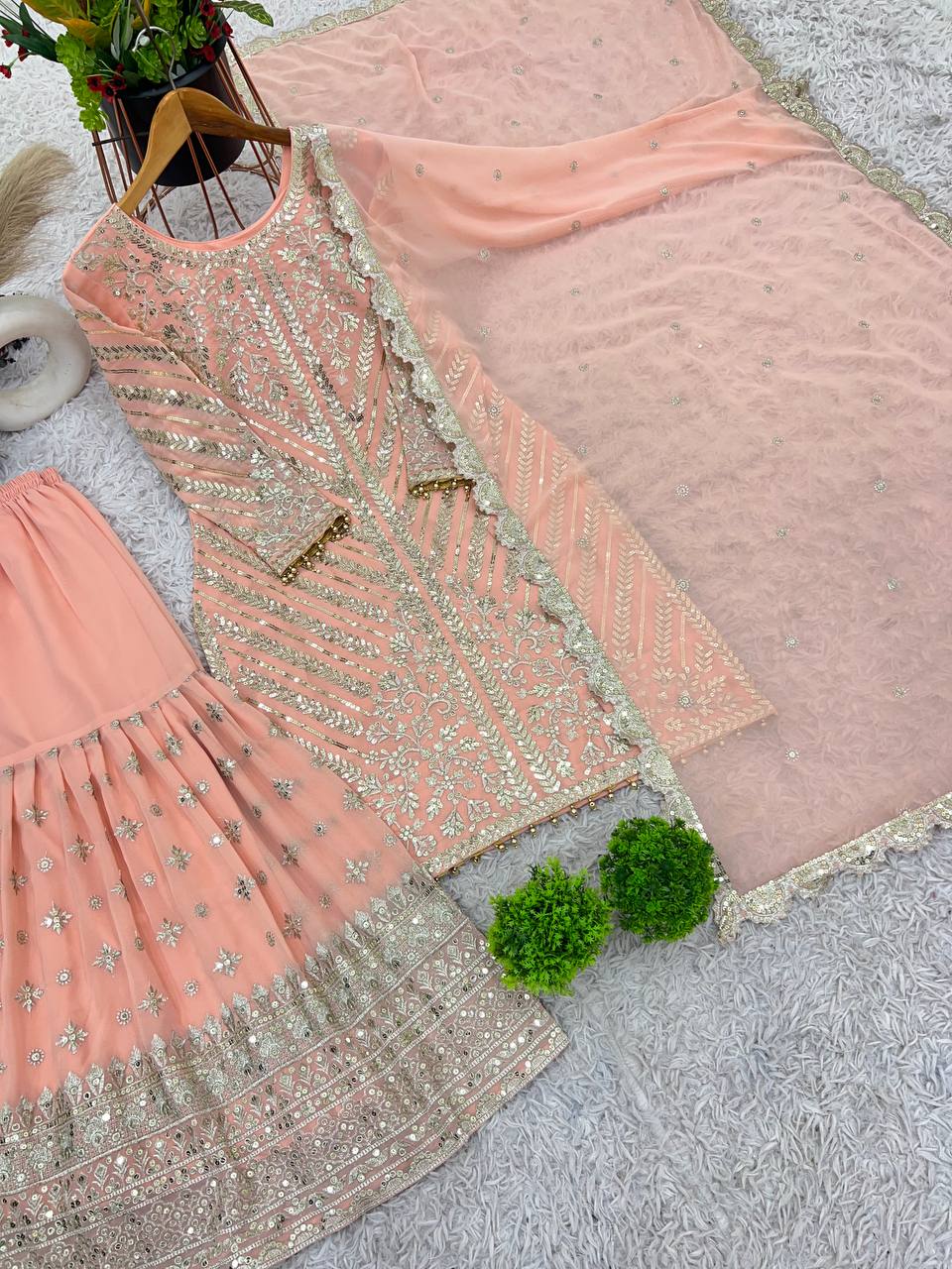 Gorgeous Peach Color Faux Georgette With Embroidery Sequence Work Sharara Suit