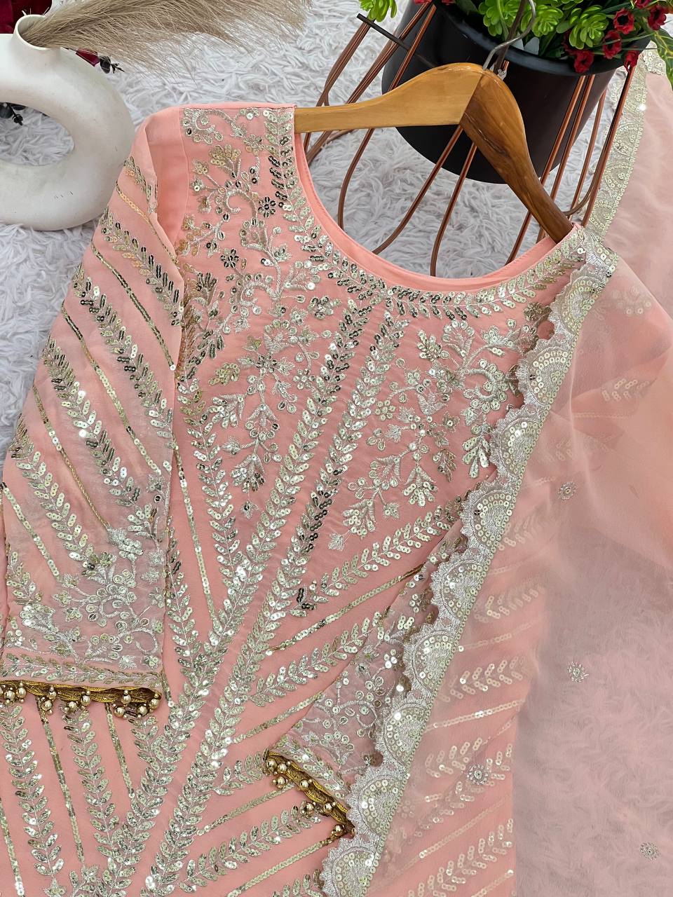 Gorgeous Peach Color Faux Georgette With Embroidery Sequence Work Sharara Suit